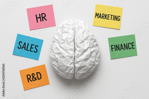 White brain with colorful sticky note representing HR sales marketing finance R and D department surrounding top view flat lay business concept teamwork collaboration strategy