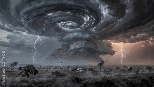 Tableau sur toile A colossal, dark, swirling supercell thunderstorm with multiple lightning strikes illuminating a desolate landscape under a dramatic sky