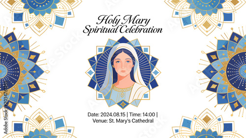 Schilderij op canvas An elegant invitation poster for a Holy Mary Spiritual Celebration featuring an illustration of the Virgin Mary surrounded by blue and gold mandala patterns
