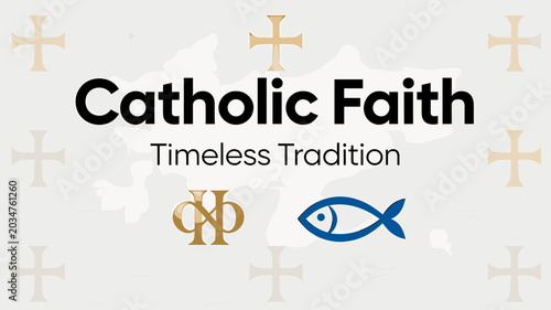 Bild auf Leinwand A graphic design featuring 'Catholic Faith Timeless Tradition' with Christian symbols like crosses, Chi-Rho, and Ichthys fish on a light background