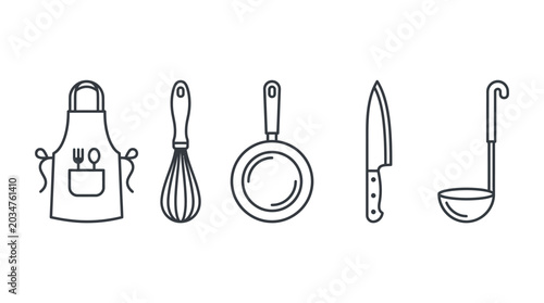 Foto Set of simple kitchen utensil icons in outline style.