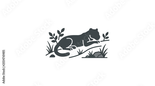 Billede på lærred Minimalist silhouette illustration of a resting panther in a natural environment