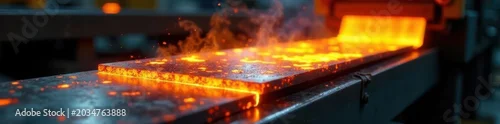 Panel kuchenny z motywem Glowing hot steel slab moves on conveyor belt , hot steel, heavy metal, industrial process