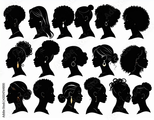 Elegant Women Hairstyle Silhouette Collection Vector Set Minimal Female Profile Icons with Fashion Haircuts and Beauty Salon Illustrations