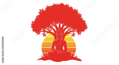 Canvastavla Buddha meditating under a tree with sunset background, spiritual enlightenment a