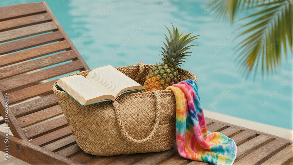 Obraz premium Beach bag with pineapple and towel by poolside sunny tropical vibe.
