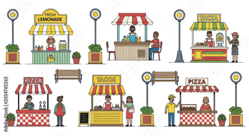 Street Food Market Scene with Diverse Stalls and People - Lemonade, Tacos, Pizza