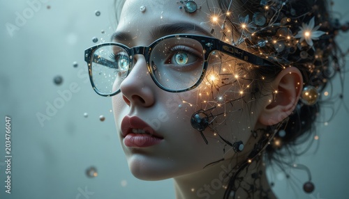 Close-up portrait of a young woman wearing glasses with golden glitter particles floating around her face
