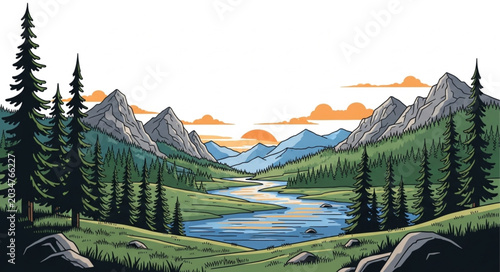 Tableau sur toile Vast Mountain Landscape with Serene River and Pine Forest.