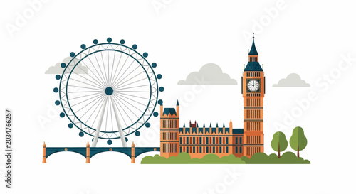 London Skyline with Big Ben and London Eye, Flat Illustration