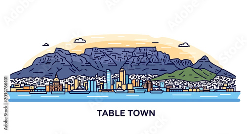 Cape Town Skyline with Table Mountain and Cityscape Illustration