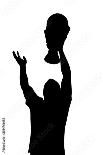 Vector image of a man’s silhouette raising a trophy, representing success and celebration in a minimalist style.
