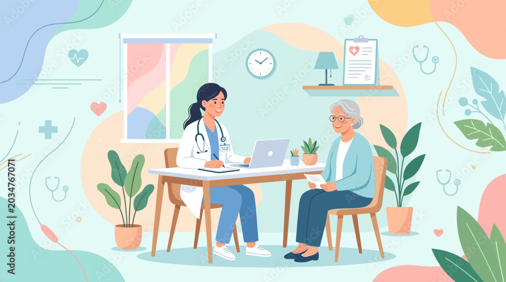 Fototapeta premium Doctor Examining Senior Patient in Clinic, Healthcare Illustration