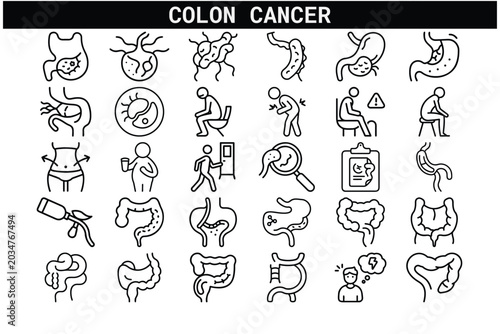 Minimalist outline icon set representing colorectal disease prevention bowel surgery healthcare signs and gastroenterology clinic.