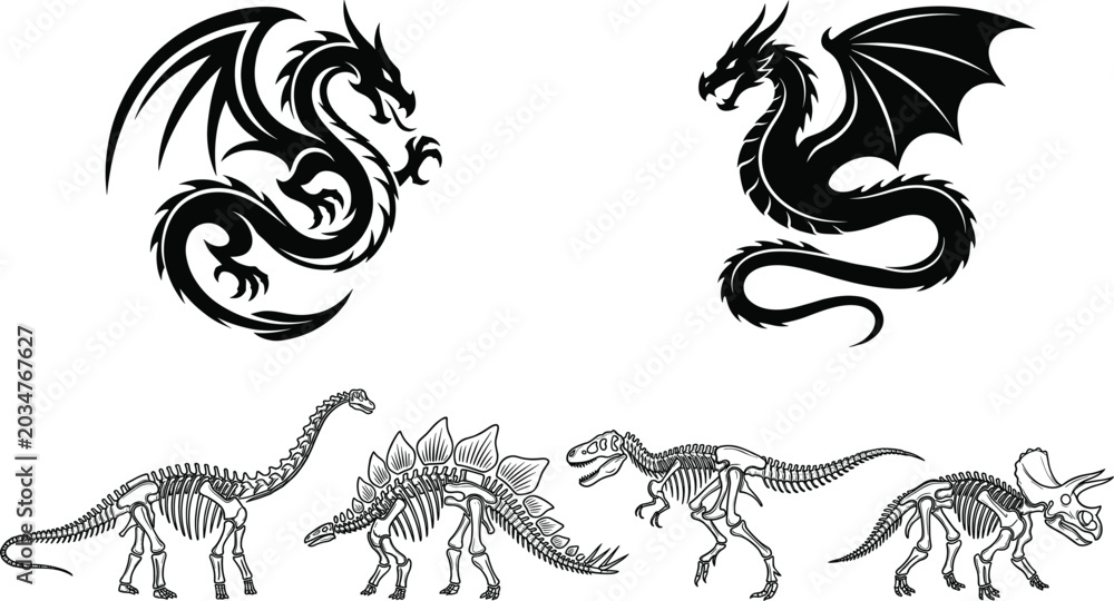 Fototapeta premium Fantasy Dragon Emblems and Dinosaur Skeleton Collection with Prehistoric Fossils and Mythical Creature Vector Set