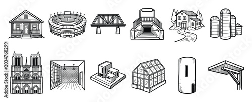 Set of building and architecture line icons. House, home, dwelling, residential, stadium, arena, sports venue, truss bridge, subway metro station entrance, farm silos, storage, gothic cathedral,