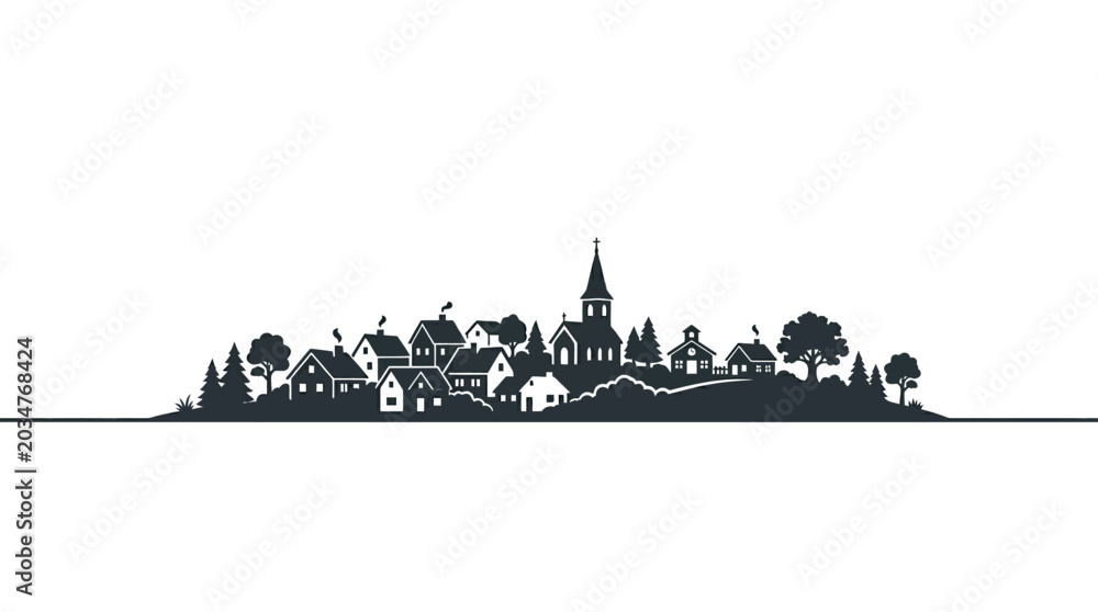 Obraz premium Minimalist black and white silhouette illustration of a small quaint village.