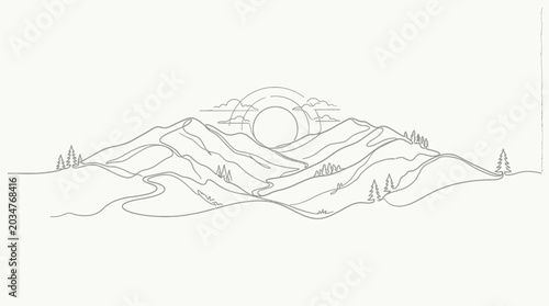 Minimalist continuous line art landscape with mountains and sun.