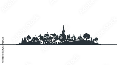 Tableau sur toile Minimalist black and white silhouette illustration of a small quaint village