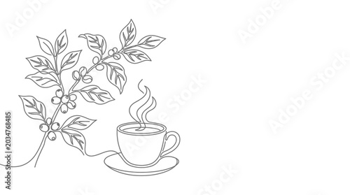 Continuous one line drawing of a coffee cup and coffee branch.
