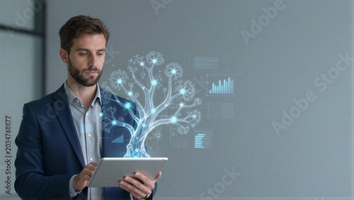 Man holds tablet holographic tree displays data symbolizing AI and