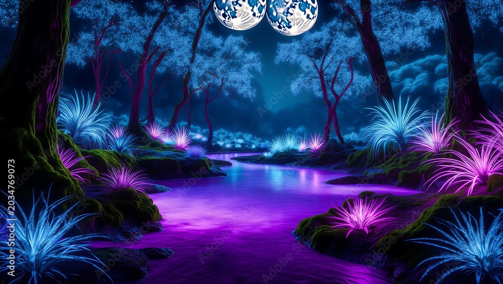 Fototapeta premium Mystical glowing forest with illuminated plants and large moonlit sky creating an enchanting fantasy landscape scene