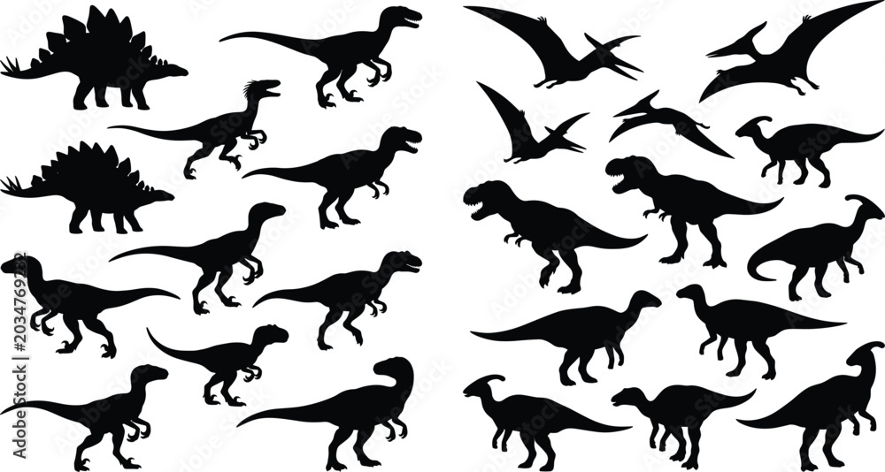 Fototapeta premium Prehistoric Dinosaur Silhouette Collection with T Rex Raptors Pterosaurs and Herbivores Vector Illustration Set
