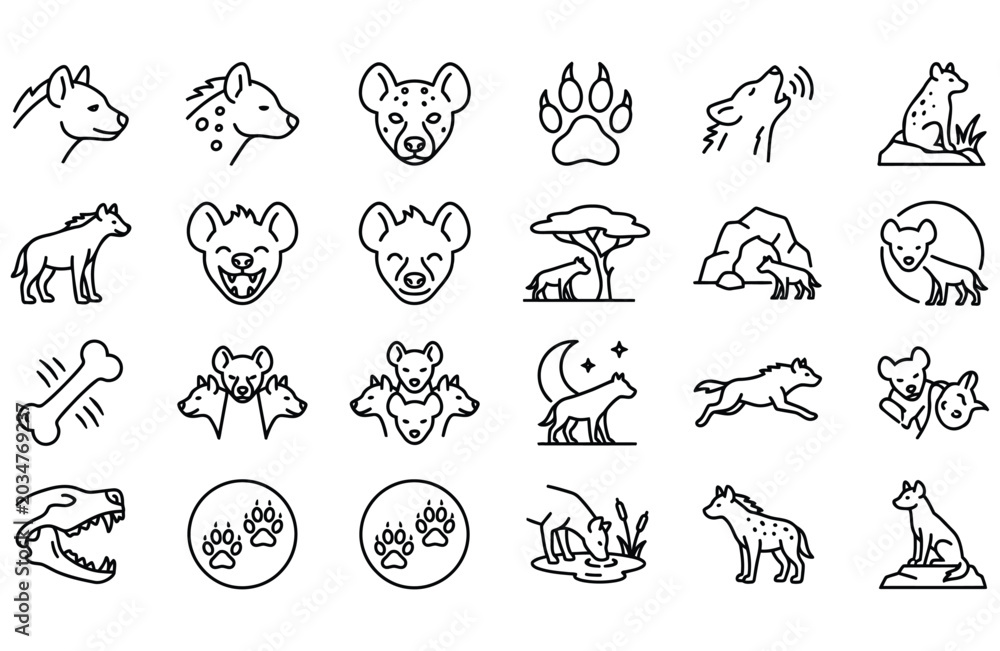 Fototapeta premium Black and white animal icons set, line art illustration