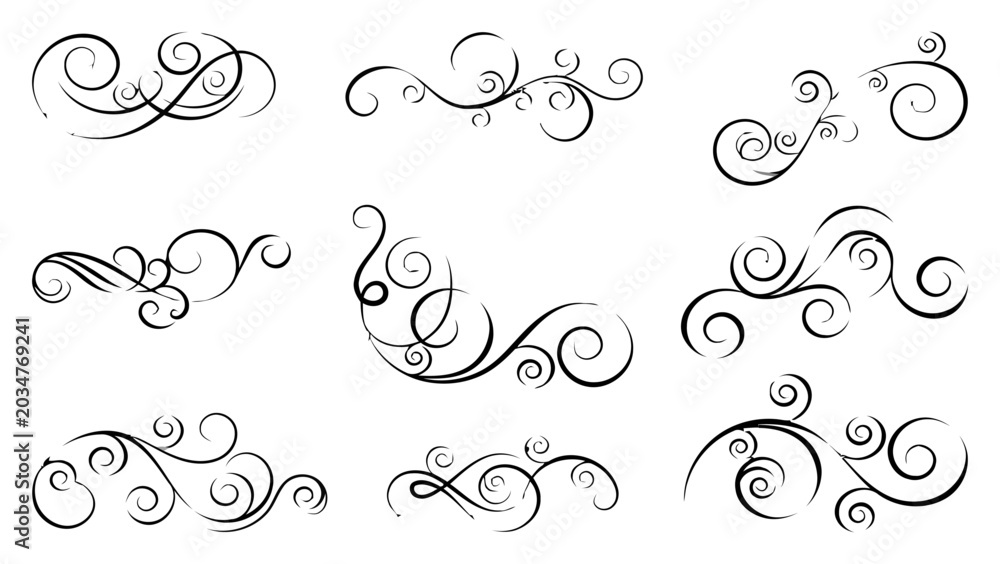 Fototapeta premium Set of elegant hand-drawn black swirls and flourish ornaments