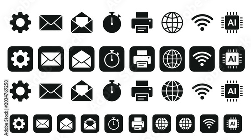 Collection of diverse technology and communication vector icons in a graphic illustration