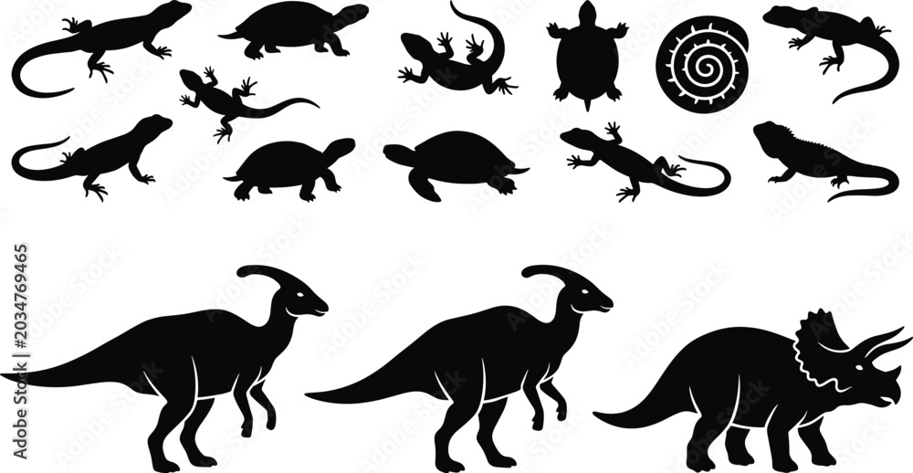 Fototapeta premium Reptile and Dinosaur Silhouette Collection with Lizards Turtles Snail and Prehistoric Herbivores Vector Set
