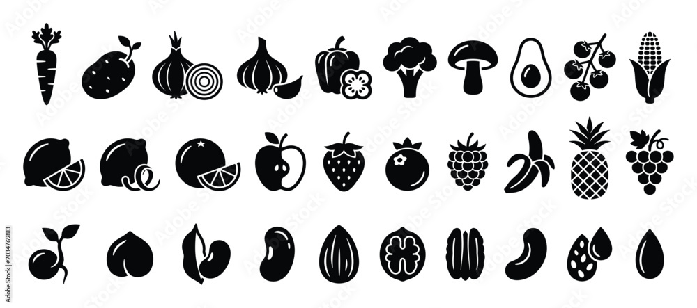 Fototapeta premium Set of healthy food icons. Fruits, vegetables, nuts, seeds, legumes collection. Organic fresh produce symbols. Farm market, vegan diet, grocery store pictogram set.