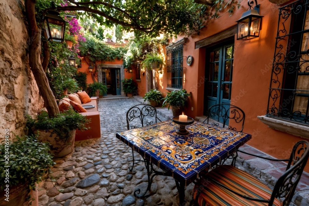 Naklejka premium San Miguel de Allende colonial courtyard with tiled table