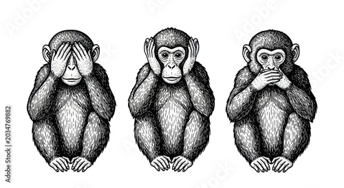 Schilderij op canvas Three Wise Monkeys Illustration: See No Evil, Hear No Evil, Speak No Evil