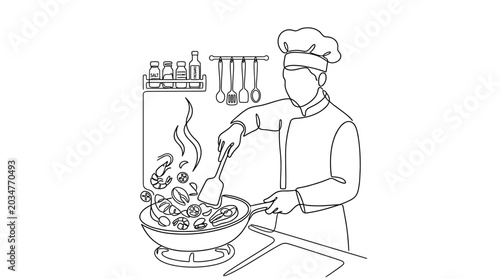 Continuous line drawing of a professional chef cooking food in a kitchen.