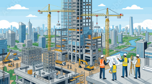 City construction site. Building with cranes and workers.