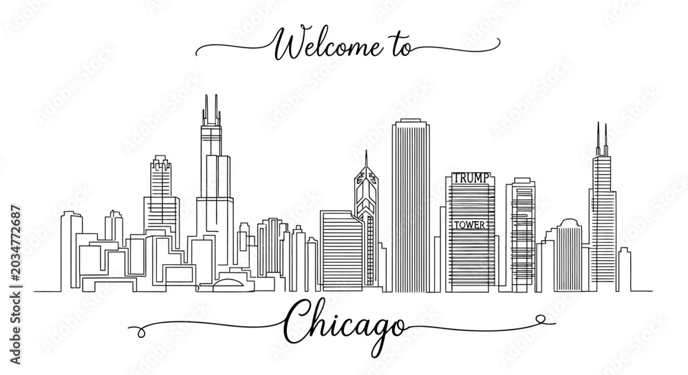 Naklejka premium Chicago Skyline Silhouette, Hand Drawn, White Background, 