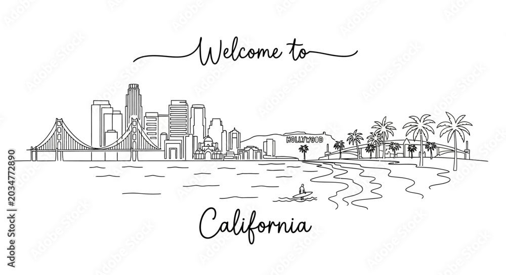 Fototapeta premium California: Hand-drawn cityscape, beach, palm trees, and welcome text