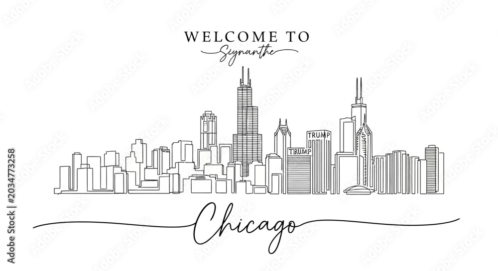 Fototapeta premium Chicago Skyline Drawing, Cityscape Silhouette, Welcome Sign, Monochrome Travel Art