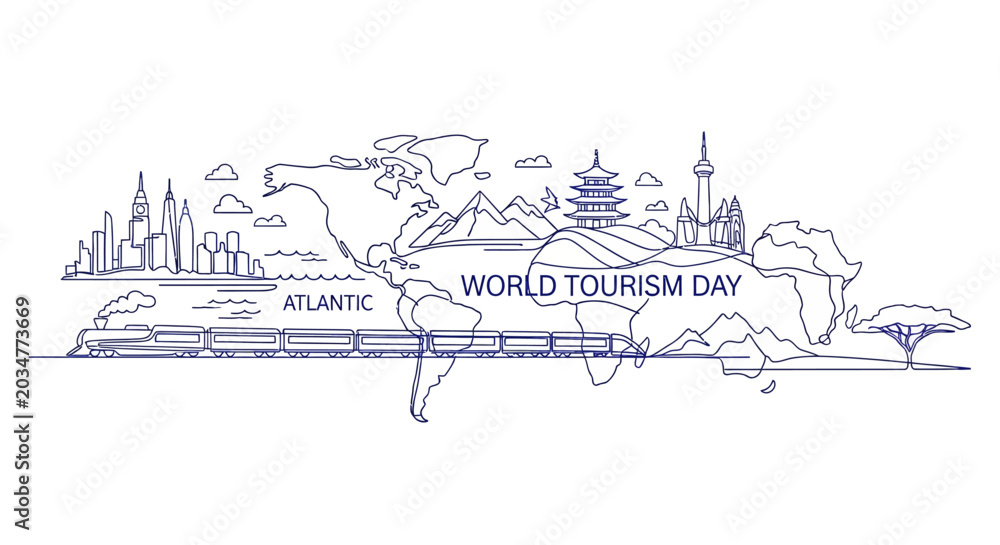 Fototapeta premium World Tourism Day hand drawn illustration with global landmarks and train.