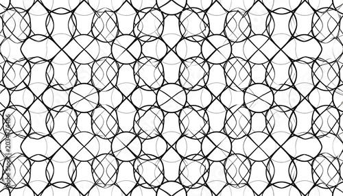 Black geometric pattern on a white background, featuring overlapping circles and lines creating a complex design