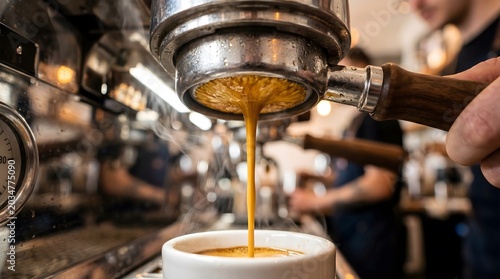 A close-up shot of a barista extracting a rich espresso shot using a bottomless portafilter on a commercial espresso machine