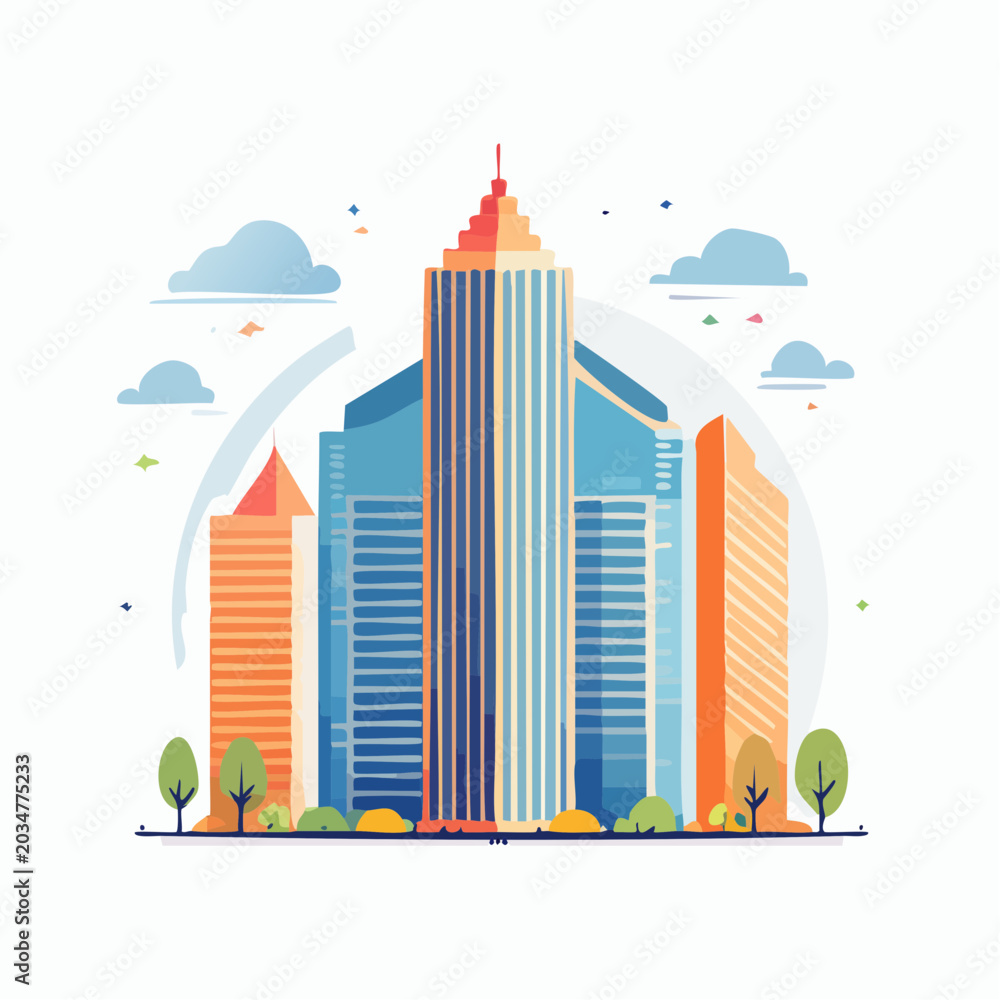 Fototapeta premium Modern Cityscape Illustration with Tall Skyscrapers and Clouds