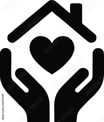 hands holding heart under house icon symbolizing home care and protection