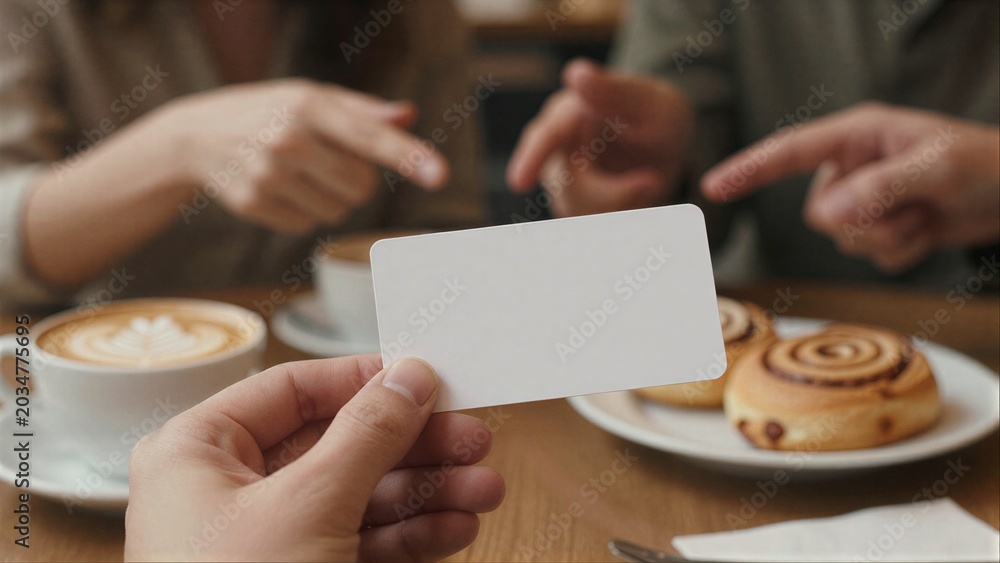 Obraz premium Hands hold blank card friends gesture behind coffee and pastries.