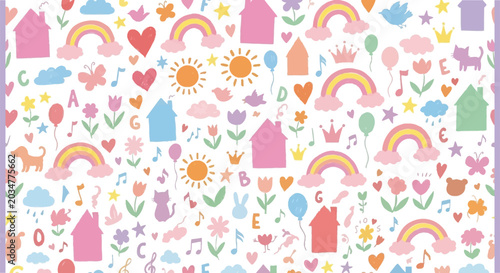 Whimsical floral and rainbow pattern on a white background
