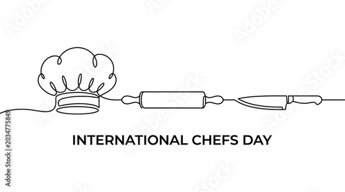 Photography Continuous line art illustration for International Chefs Day with kitchen tools