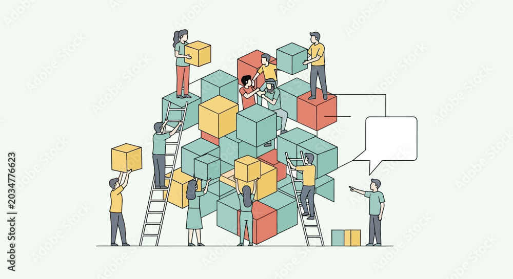Naklejka premium Team building and collaboration. People assembling a structure of cubes.