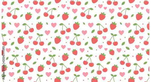 Cherry and strawberry floral pattern on a white background