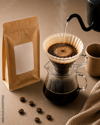 Hot water pouring from a kettle into a glass coffee dripper.